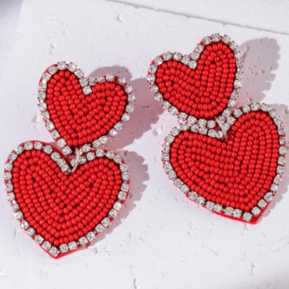 Big Double Red Heart Beaded Rhinestone Handmade Earrings Large Hearts Beads New - Picture 2 of 3
